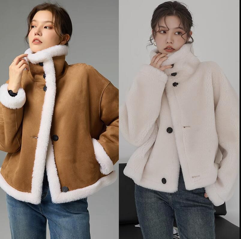Cozy Faux Suede Shearling Jacket with Lambswool Effect Trim for Winter Style