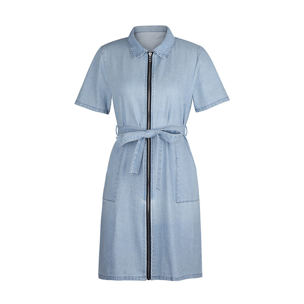 Chic Zipper Denim Mini Dress with Tie-Waist & Short Sleeves