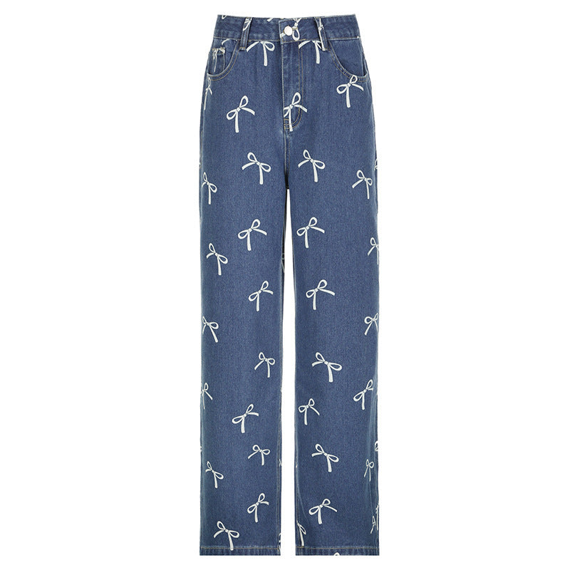 Cute Bow Print Baggy Jeans - Trendy Denim Chic