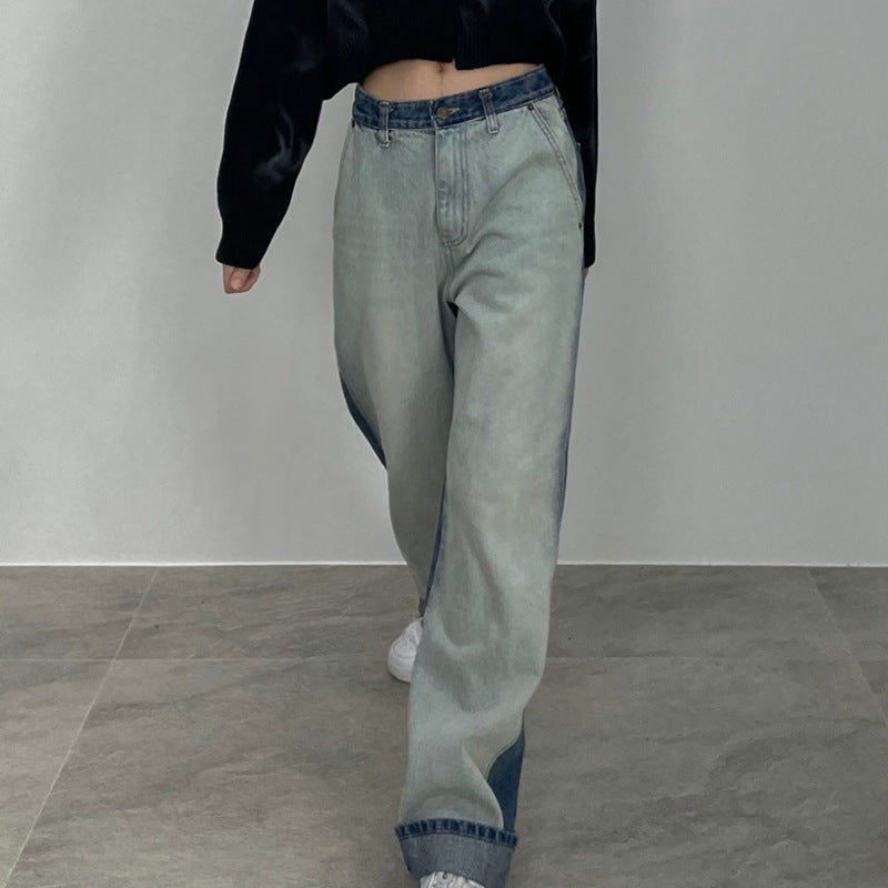 Washed Wide Leg Jeans - Contrast Stitch Denim