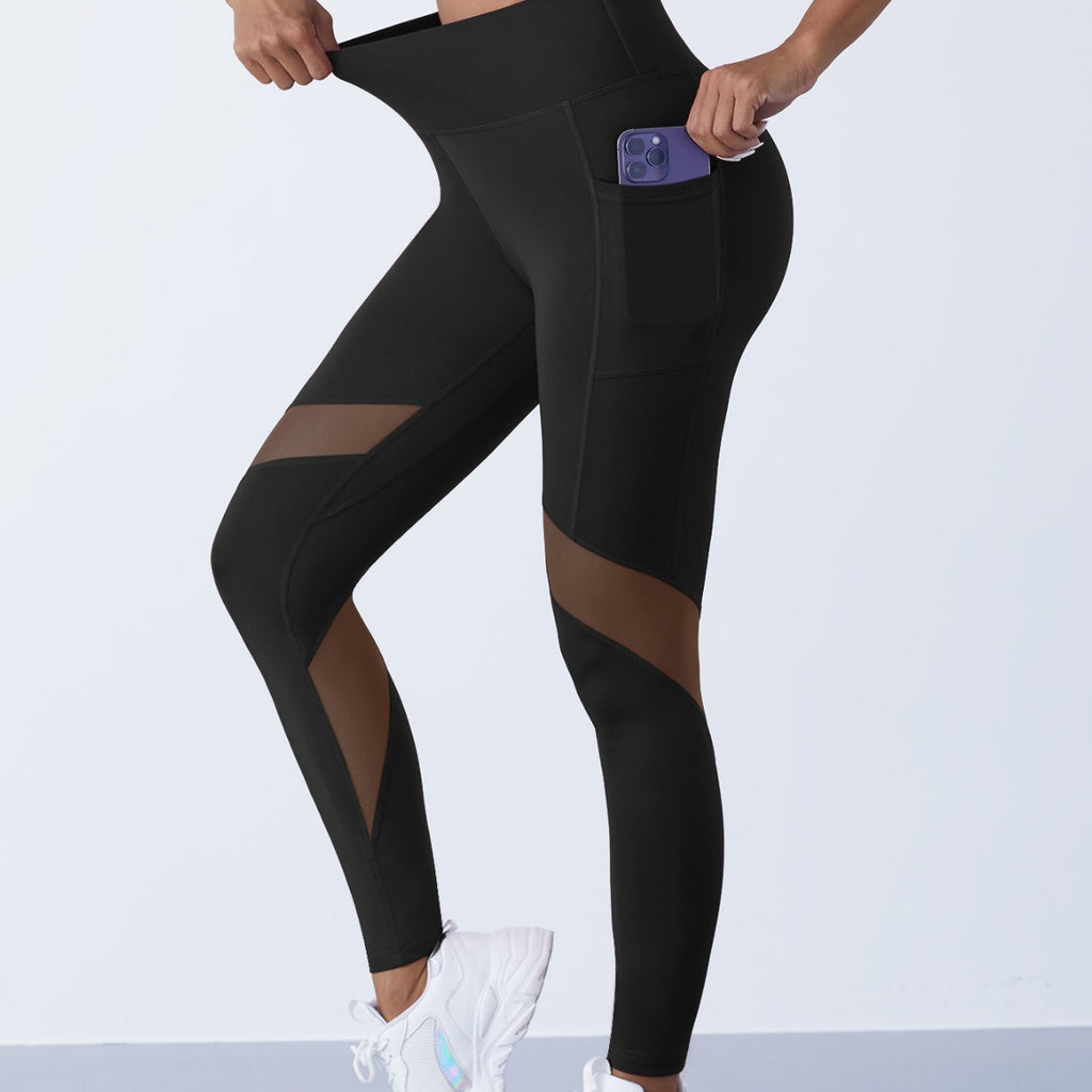 High Waist Mesh Panel Cropped Active Leggings with Side Pocket
