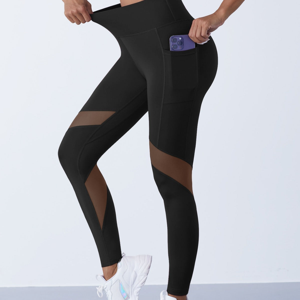 High Waist Mesh Panel Cropped Active Leggings with Side Pocket