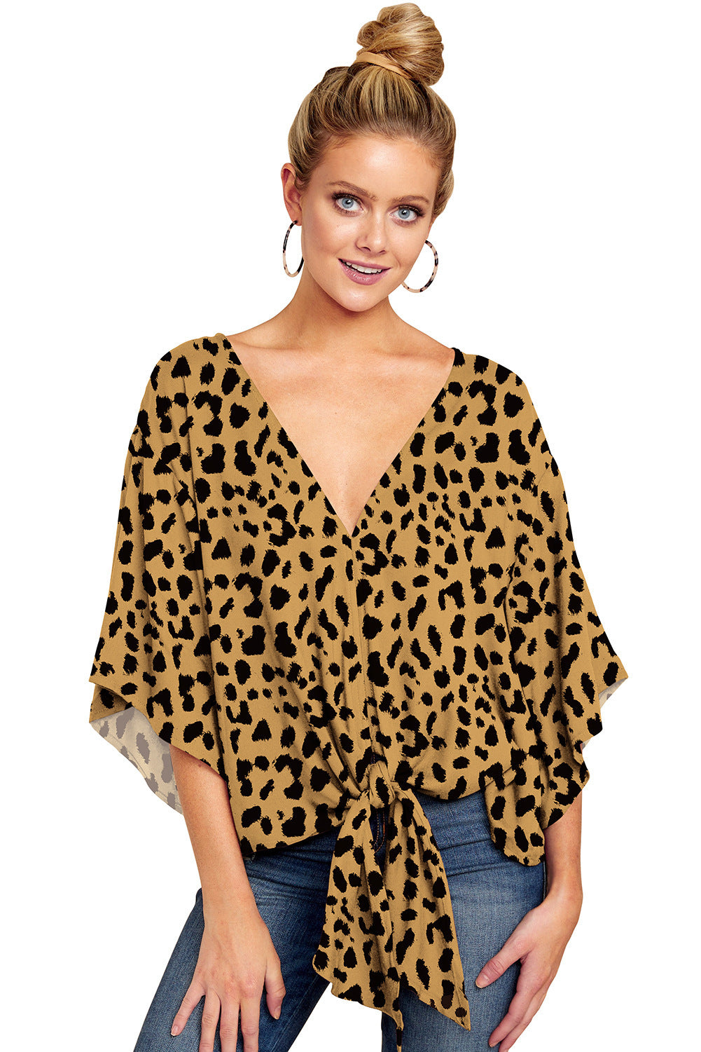 Chic Leopard Print V-Neck Blouse with Tie Front - Batwing Sleeve Top