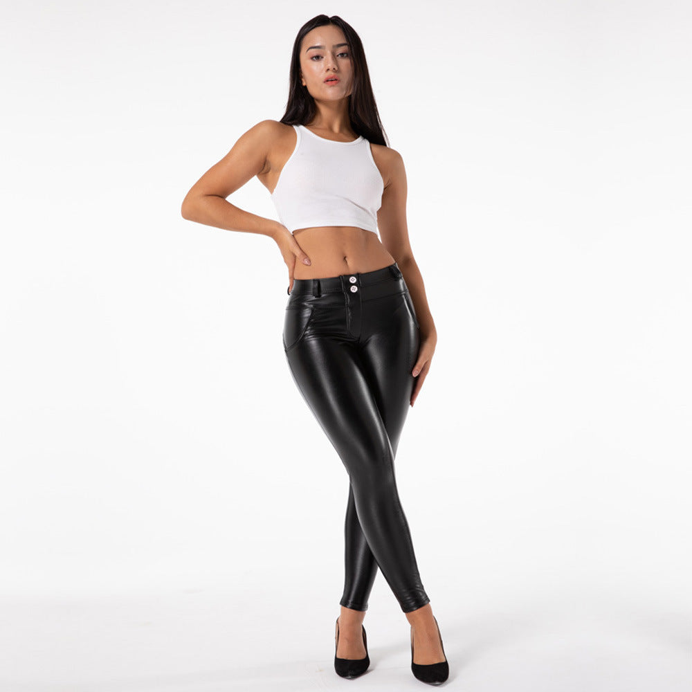 Ariana Vogue Women's Sleek Elastic Mid Waist Faux Leather Leggings with Warm Velvet Lining (Black)