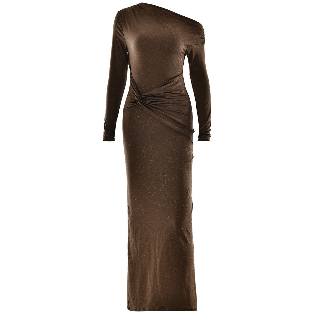 Elegant Glitter One Shoulder Long Sleeve Bodycon Party Dress