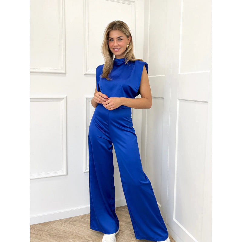Elegant Satin Look Wide Leg Jumpsuit with Padded Shoulders and Chic Mock Neck Design
