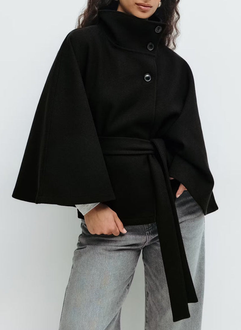 Elegant High Neck Batwing Sleeve Winter Coat with Belt