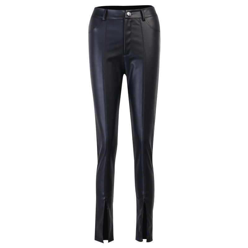 Chic High Waisted Faux Leather Leggings with Stylish Split Hem Ankle Zippers