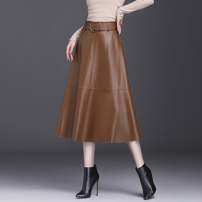 Elegant A-Line Faux Leather Midi Skirt with High Waist and Belt for Women