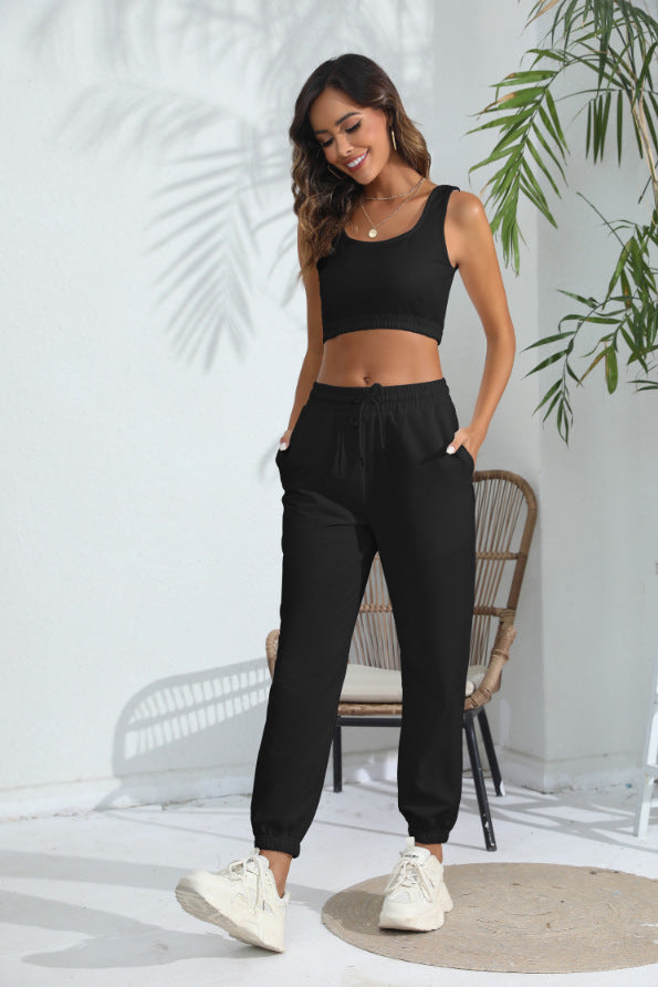 Women's Casual Cotton Cropped Tank Top & Jogger Set