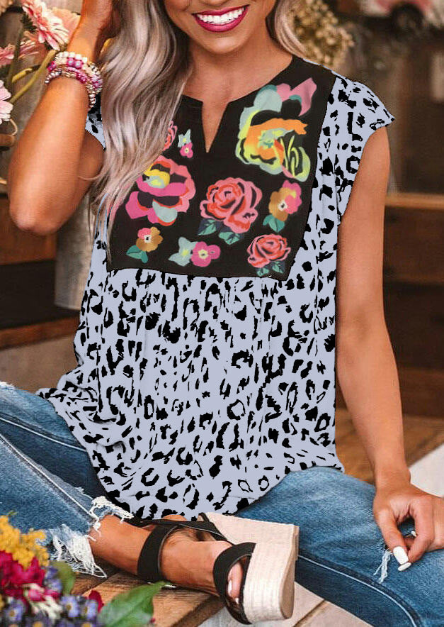 Boho V-Neck Floral Leopard Print Blouse for Women