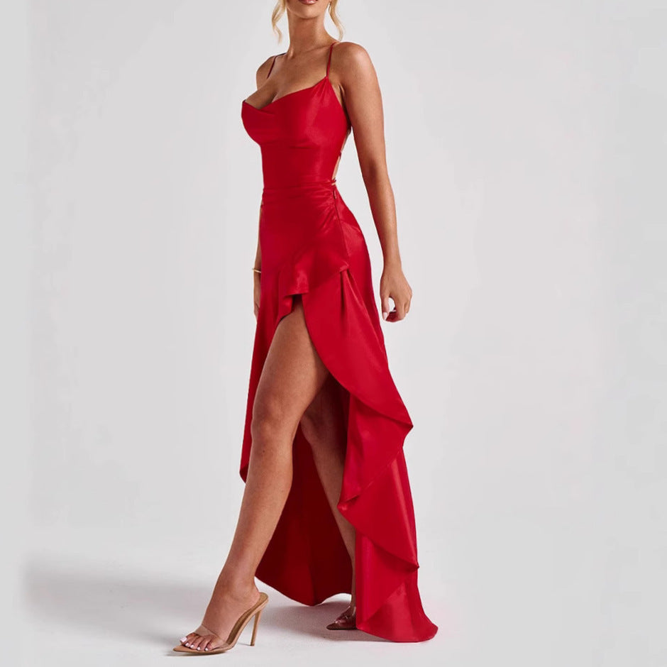 Glamorous Backless Ruffled High-Slit Maxi Dress for Evening Wear