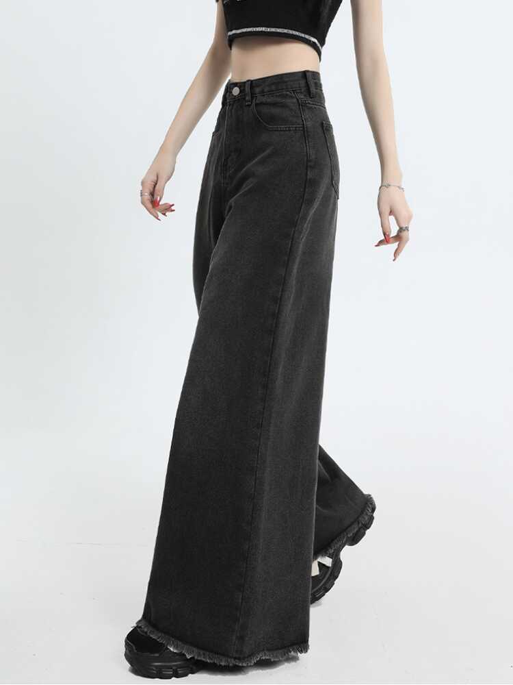 Women's High Waist Wide Leg Jeans - Retro Raw Hem Style