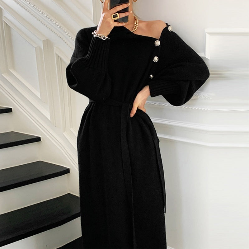 Elegant Ribbed Knit Long Sleeve Midi Sweater Dress with Stylish Belt Detail