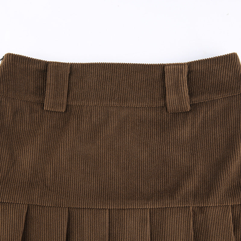 High Waisted Corduroy Pleated Mini Skirt with Delicate Lace Trim