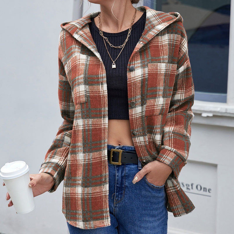 Loose Fit Plaid Hooded Long Sleeve Button Down Shacket