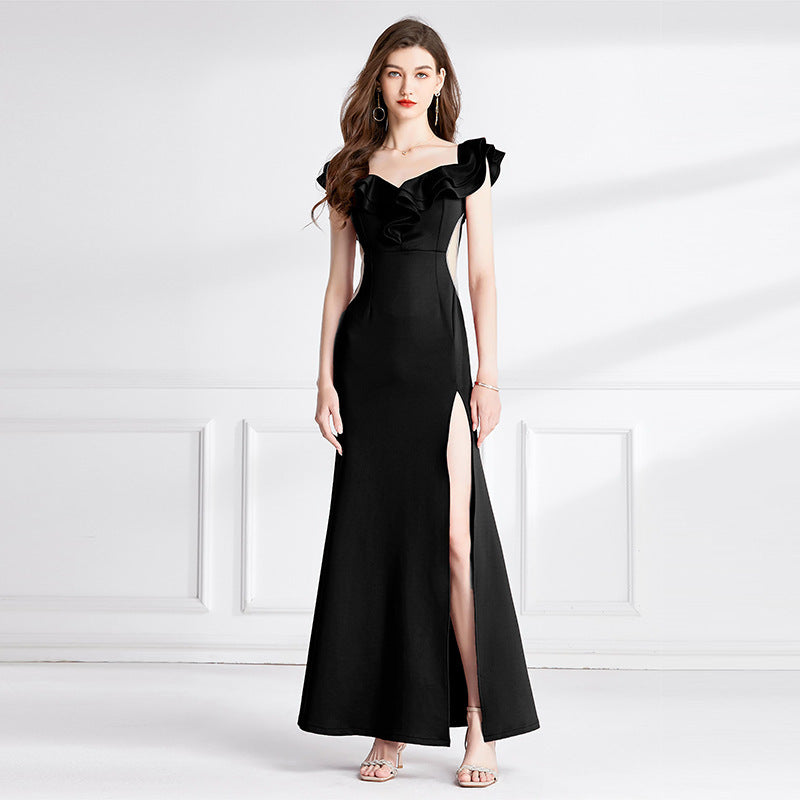 Elegant Off Shoulder Ruffled Sweetheart Black Maxi Dress with High Slit