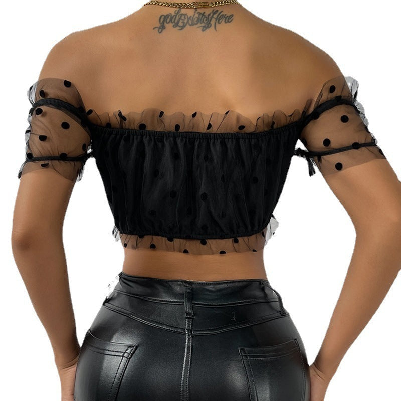 Chic Mesh Polka Dot Off Shoulder Ruffle Detail Cropped Blouse