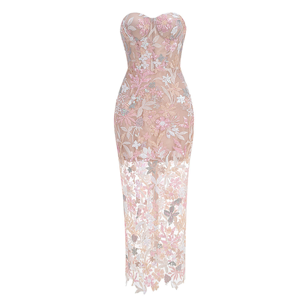 Elegant Strapless Sequin Floral Embroidered Maxi Evening Dress