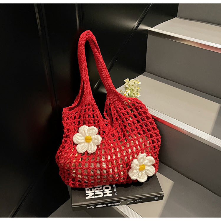 Elegant Knitted Flower Mesh Shoulder Bag - Versatile & Spacious