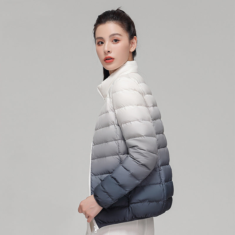 Fashionable Gradient Stand Collar Down Puffer Jacket Cozy Winter Outerwear
