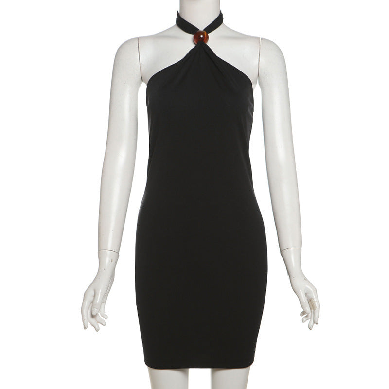 Elegant Halter Neck Slim-Fit Mini Dress - Chic Black Sheath Style