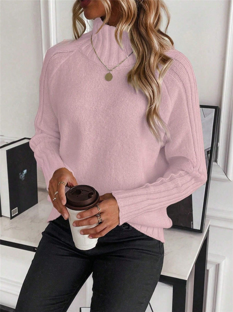 Cozy Knit Turtleneck Pullover Sweater with Elegant Raglan Long Sleeves for Autumn and Winter