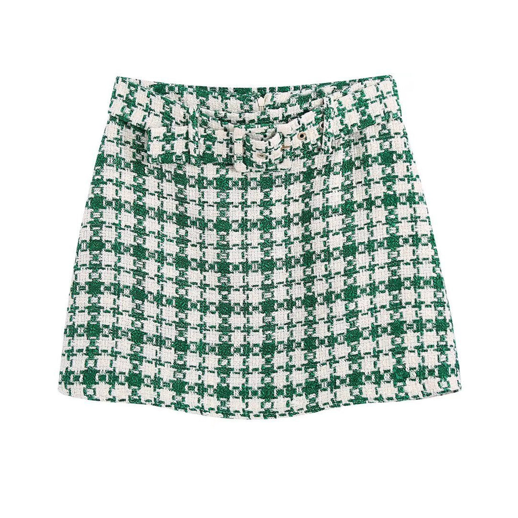 Chic Green and White Plaid Textured Mini Skirt with Elegant Buckle Detail
