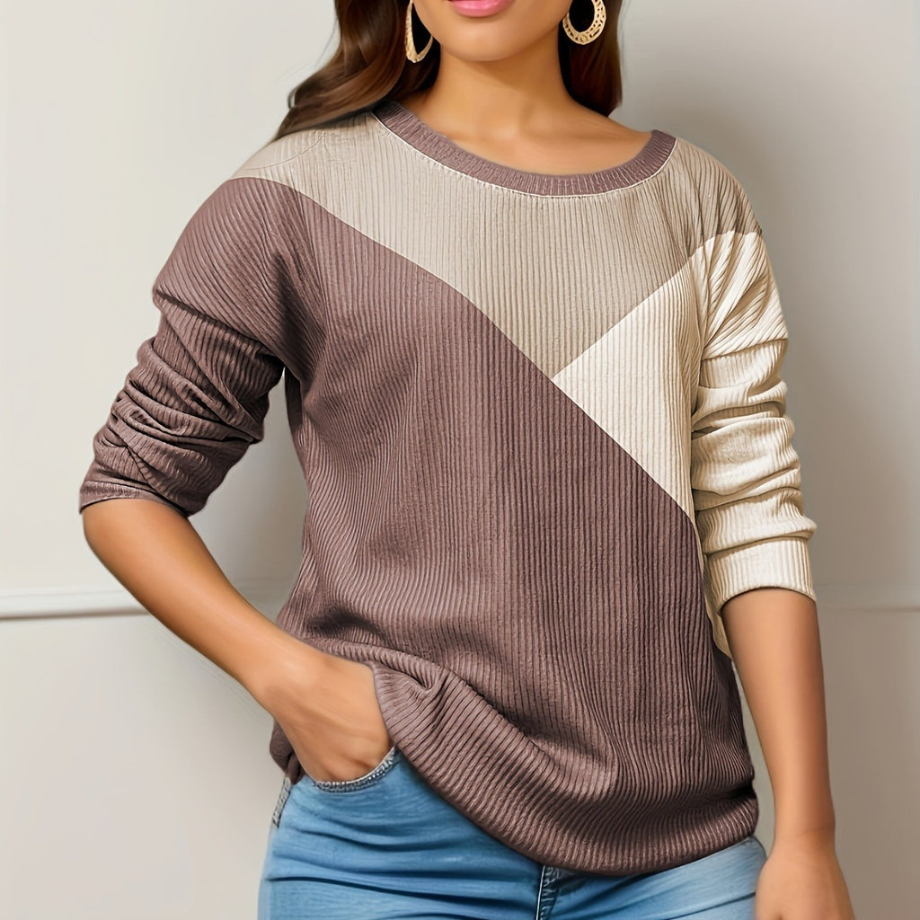 Effortless Comfort Color Block Ribbed Knit Long Sleeve Pullover Top