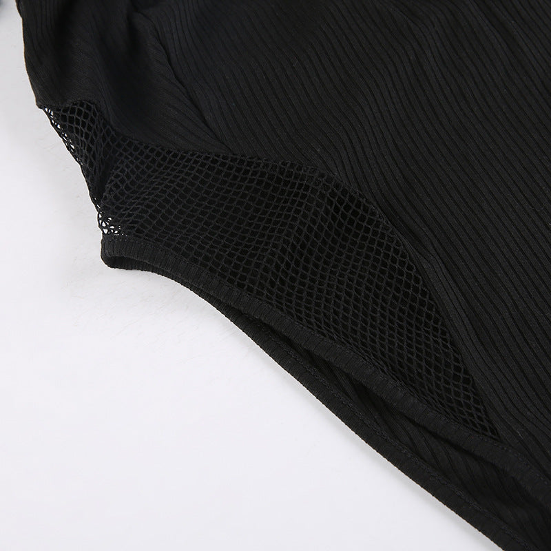 Sleek Black Chain Halter Bodysuit with Mesh Sleeves