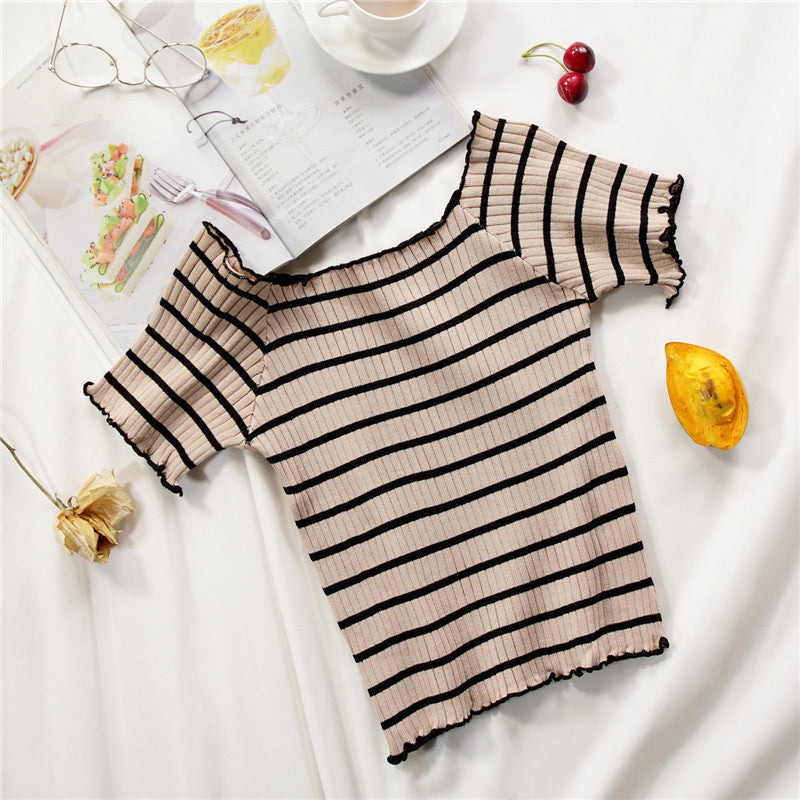 Chic Striped Off-Shoulder Ribbed Knit Crop Top for Women