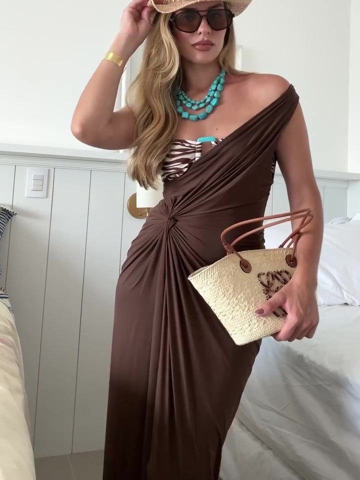 Elegant Off-Shoulder Twist Slit Maxi Dress - Vacation Ready