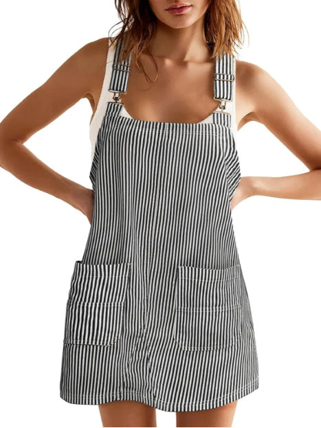Chic Striped A-Line Pinafore Dress with Adjustable Straps and Pockets
