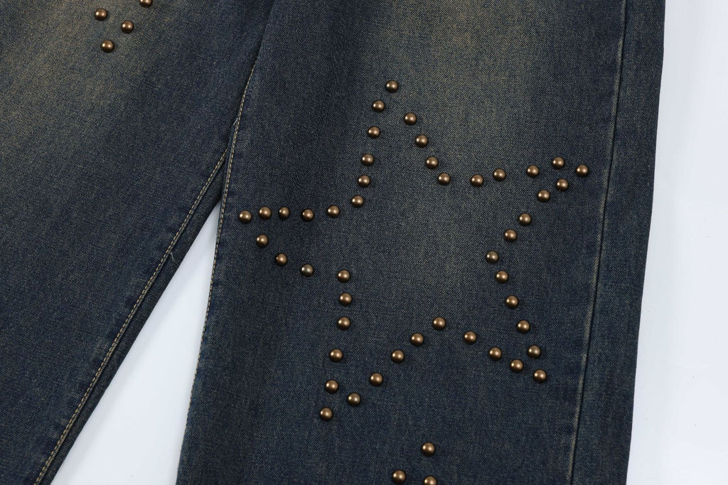 Retro Washed Studded Straight-Leg Baggy Denim Jeans