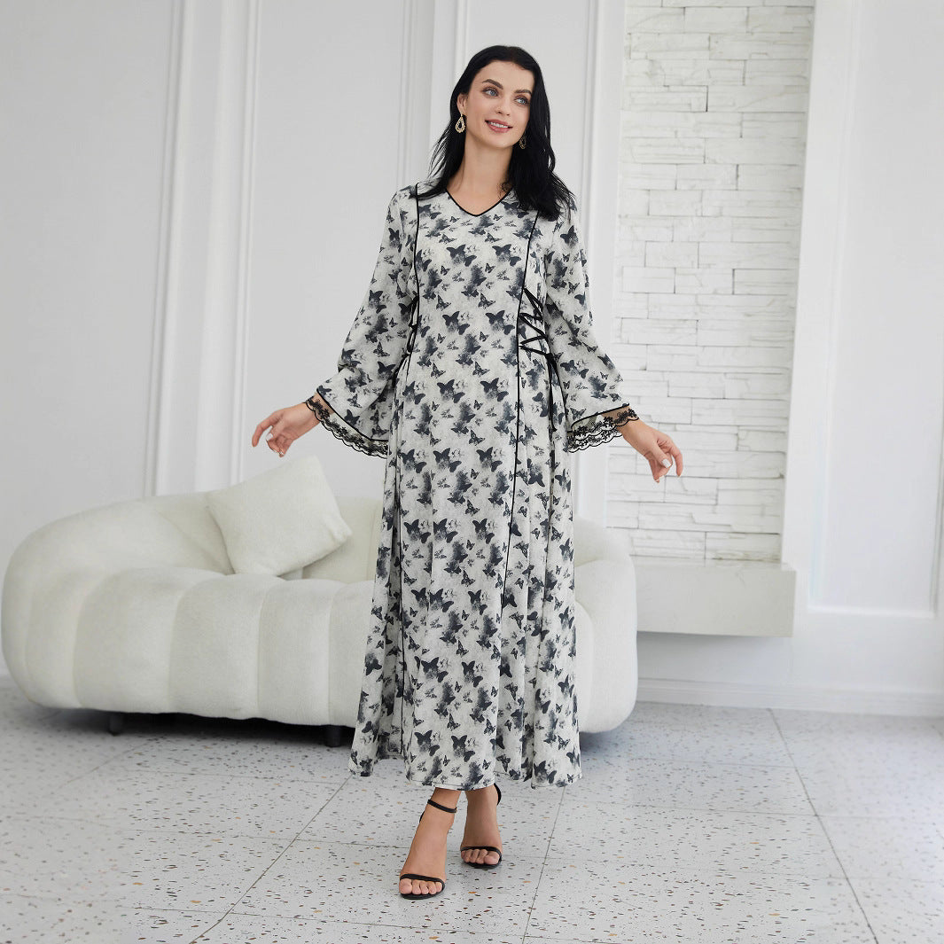 Elegant Butterfly Print Maxi Dress - Flowing V-Neck Abaya Style