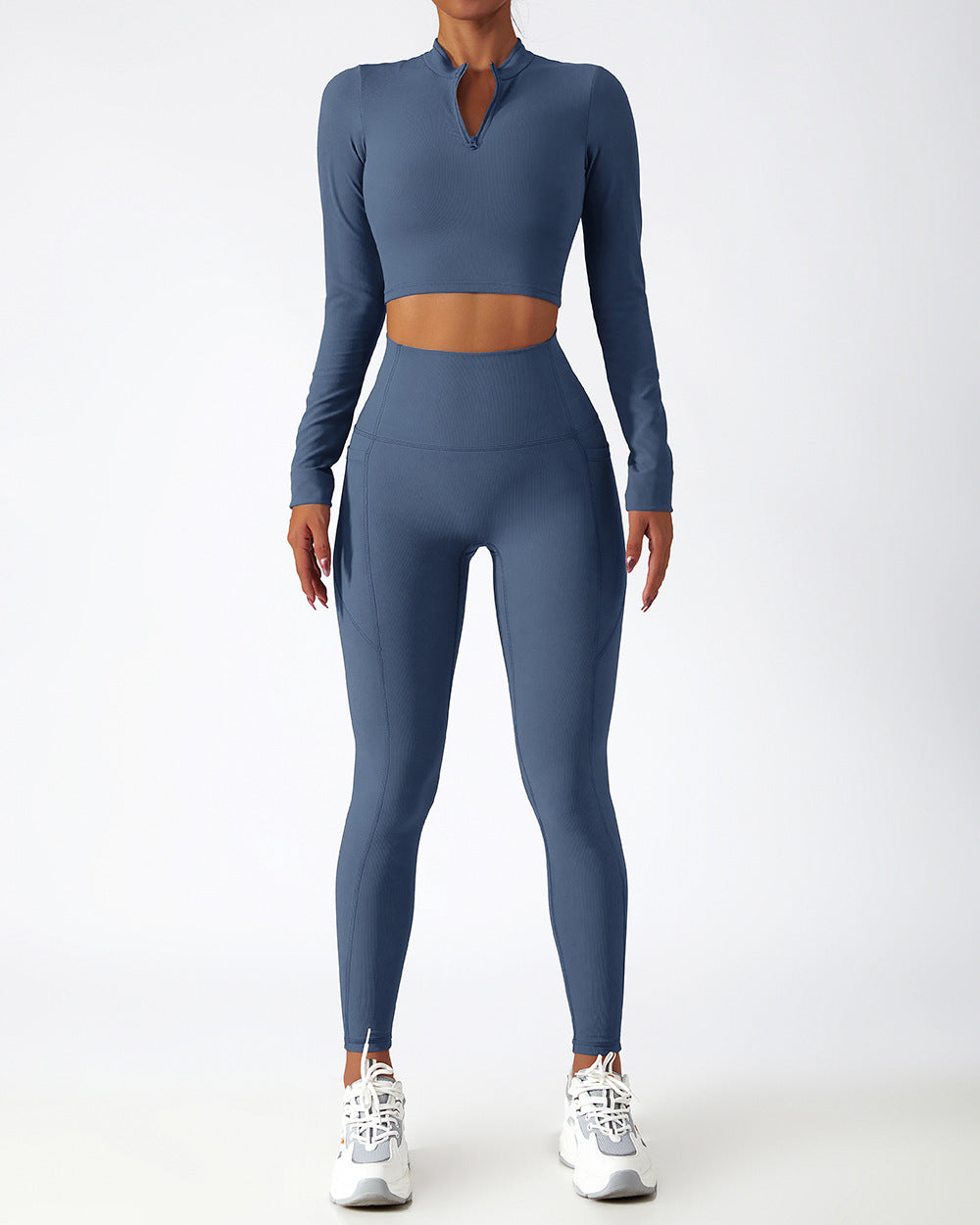 Comfortable Ribbed Long Sleeve Activewear Set with High Waist Leggings for Yoga and Training