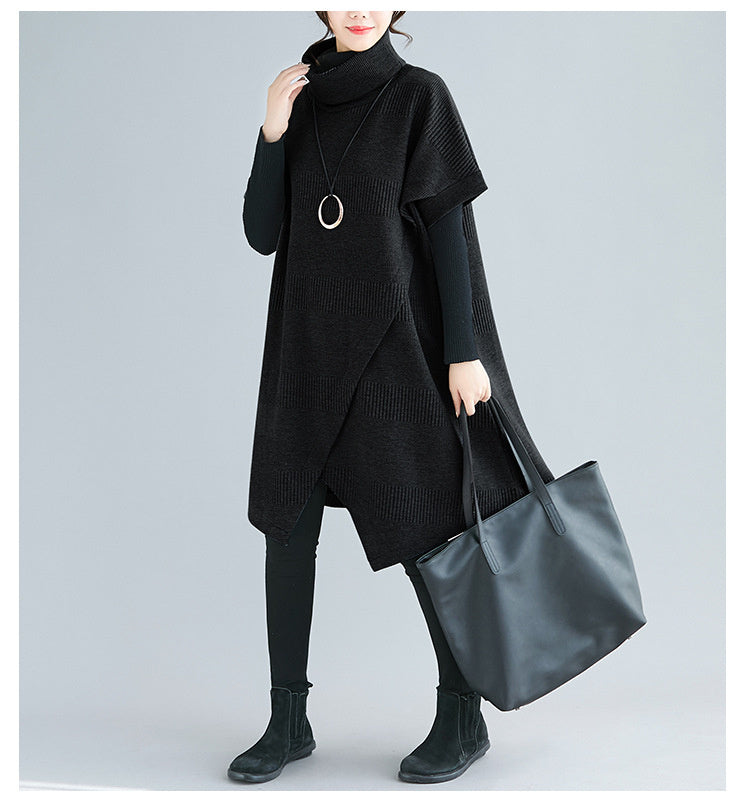 Comfortable Relaxed Fit Turtleneck Short Sleeve Irregular Hem Tunic Dress