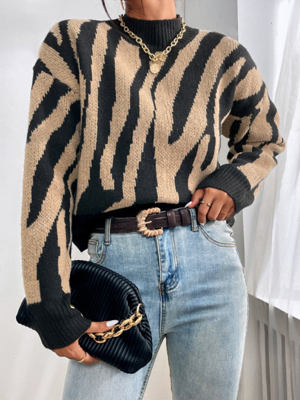 Stylish Jacquard Knit Animal Print Loose Fit Pullover Sweater