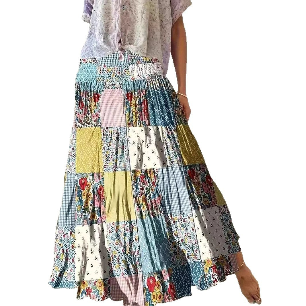 Vibrant Floral Patchwork Tiered Bohemian Maxi Skirt