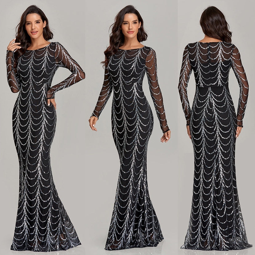 Stunning Sequin Long Sleeve Maxi Evening Dress - Ariana Vogue