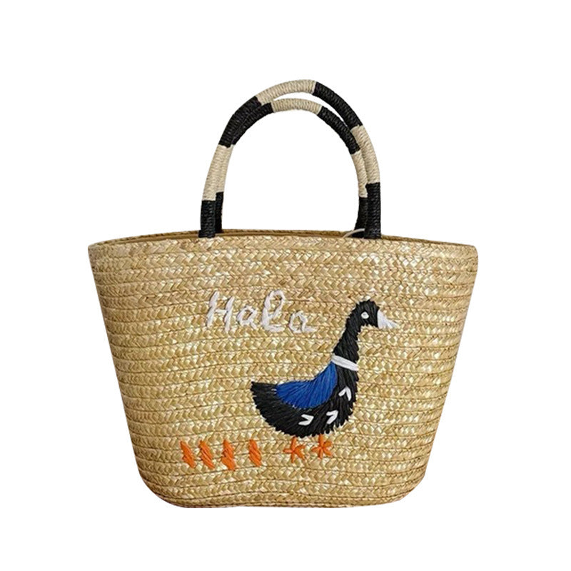 Chic Hand-Woven Straw Tote Bag with Playful Duck Embroidery