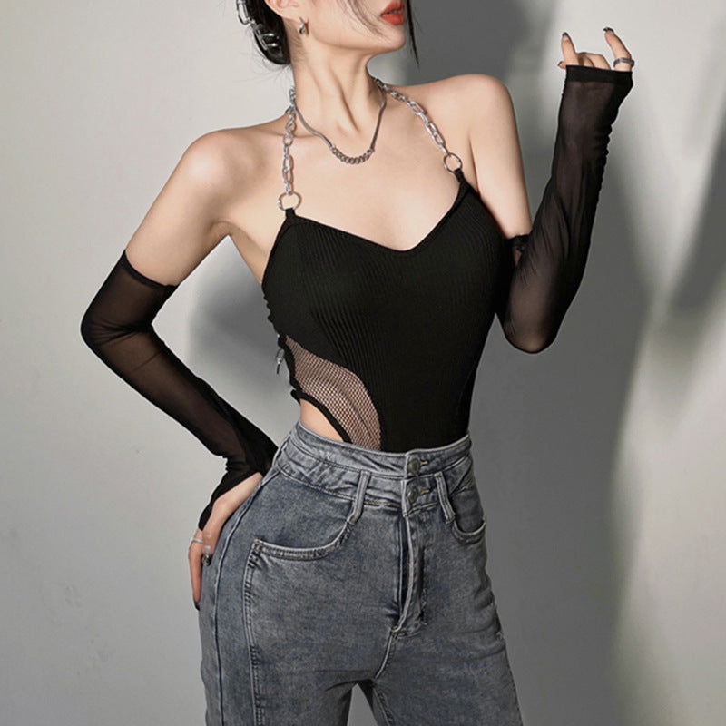 Sleek Black Chain Halter Bodysuit with Mesh Sleeves