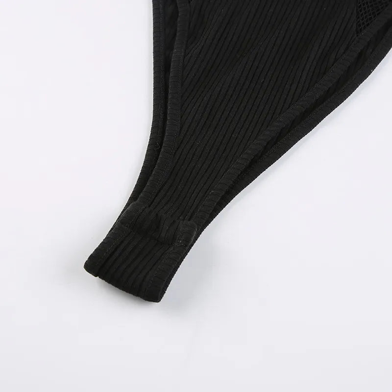 Sleek Black Chain Halter Bodysuit with Mesh Sleeves