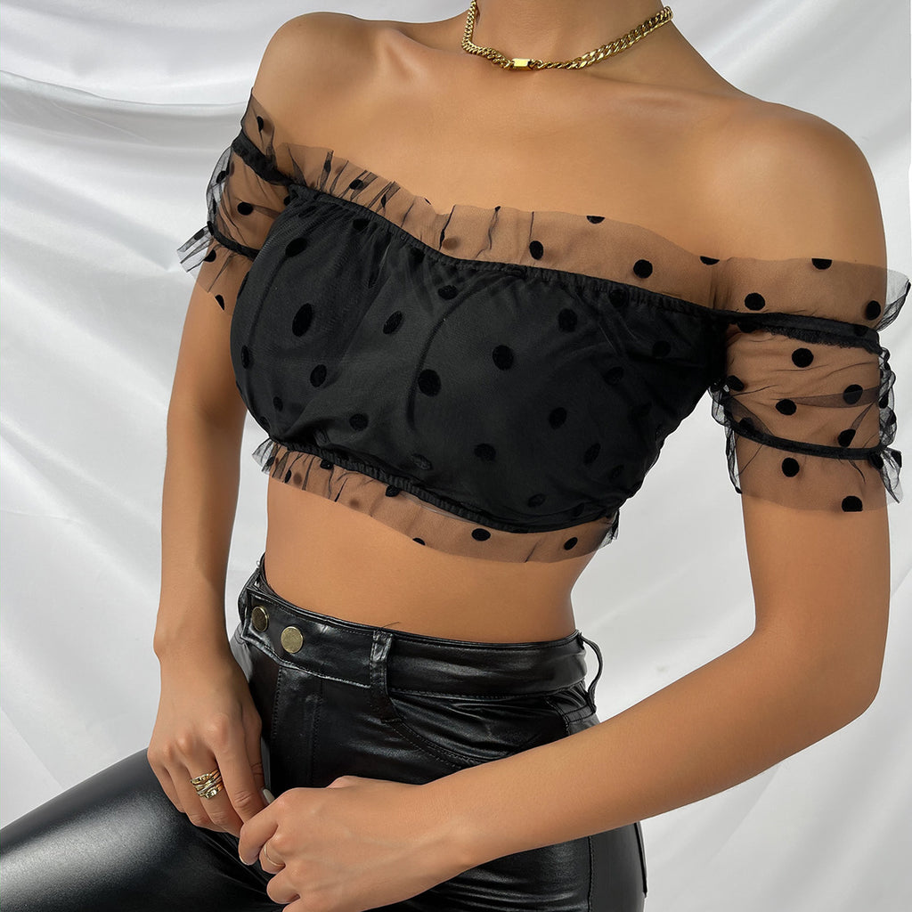 Chic Mesh Polka Dot Off Shoulder Ruffle Detail Cropped Blouse