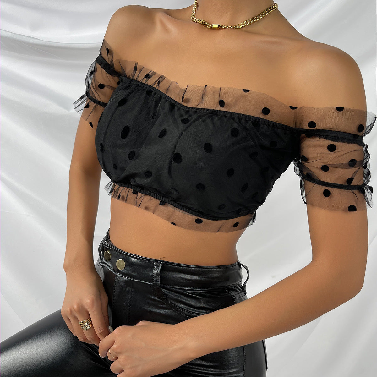 Chic Mesh Polka Dot Off Shoulder Ruffle Detail Cropped Blouse