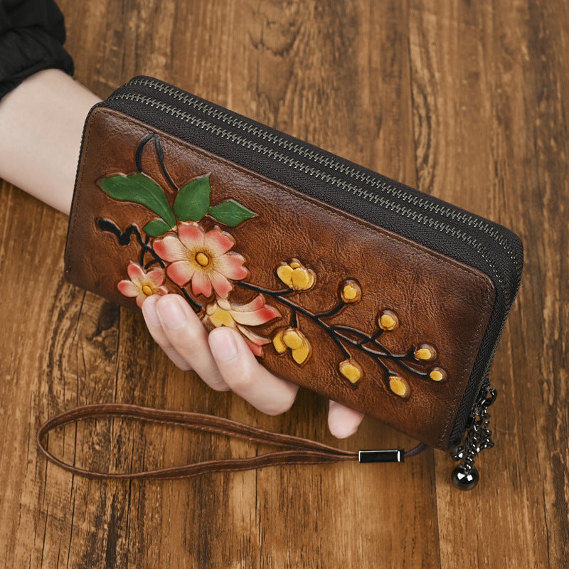 Elegant Floral Embossed First Layer Cowhide Leather Double Zipper Long Wallet