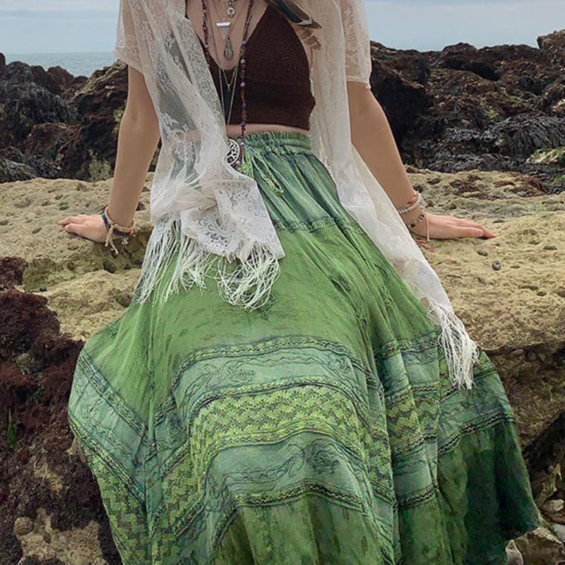 Bohemian Tiered Green Print Flowy Maxi Skirt with Elastic Drawstring Waist
