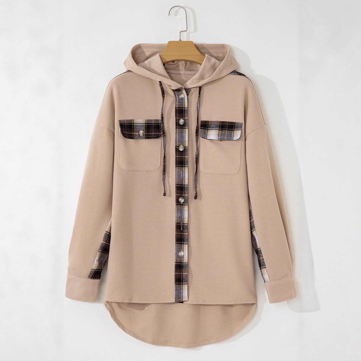 Effortless Plaid Hooded Waffle Knit Shacket for Casual Style