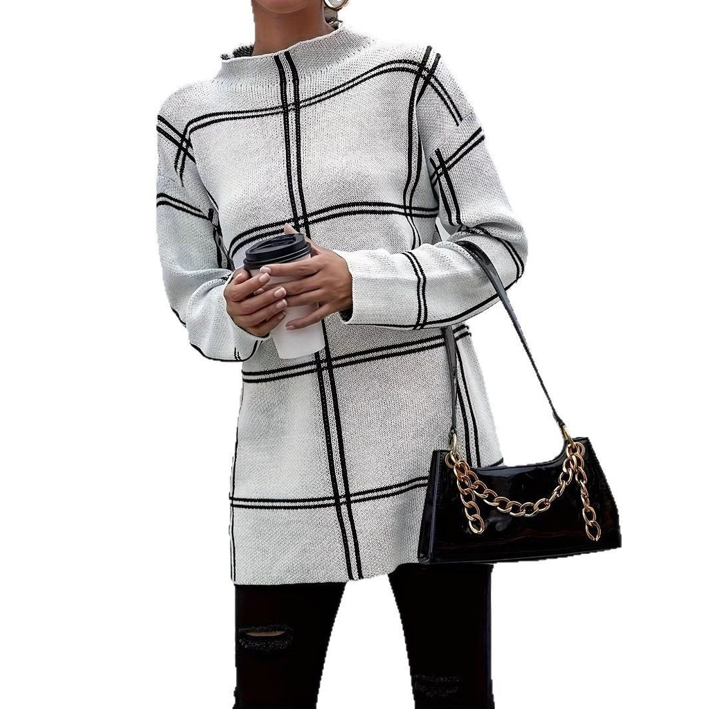 Elegant Grid Knit Mock Neck Long Sleeve Pullover Sweater Top