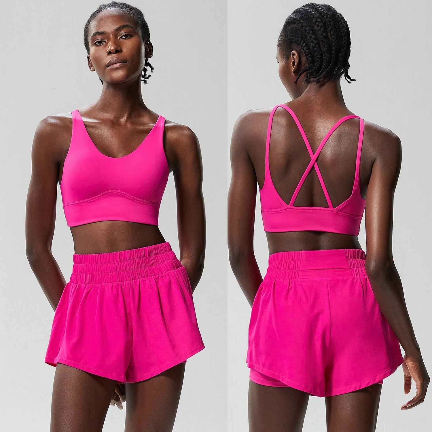 Quick Drying Nylon Athletic Crop Top and Dolphin Line Shorts Set for Fitness and Yoga